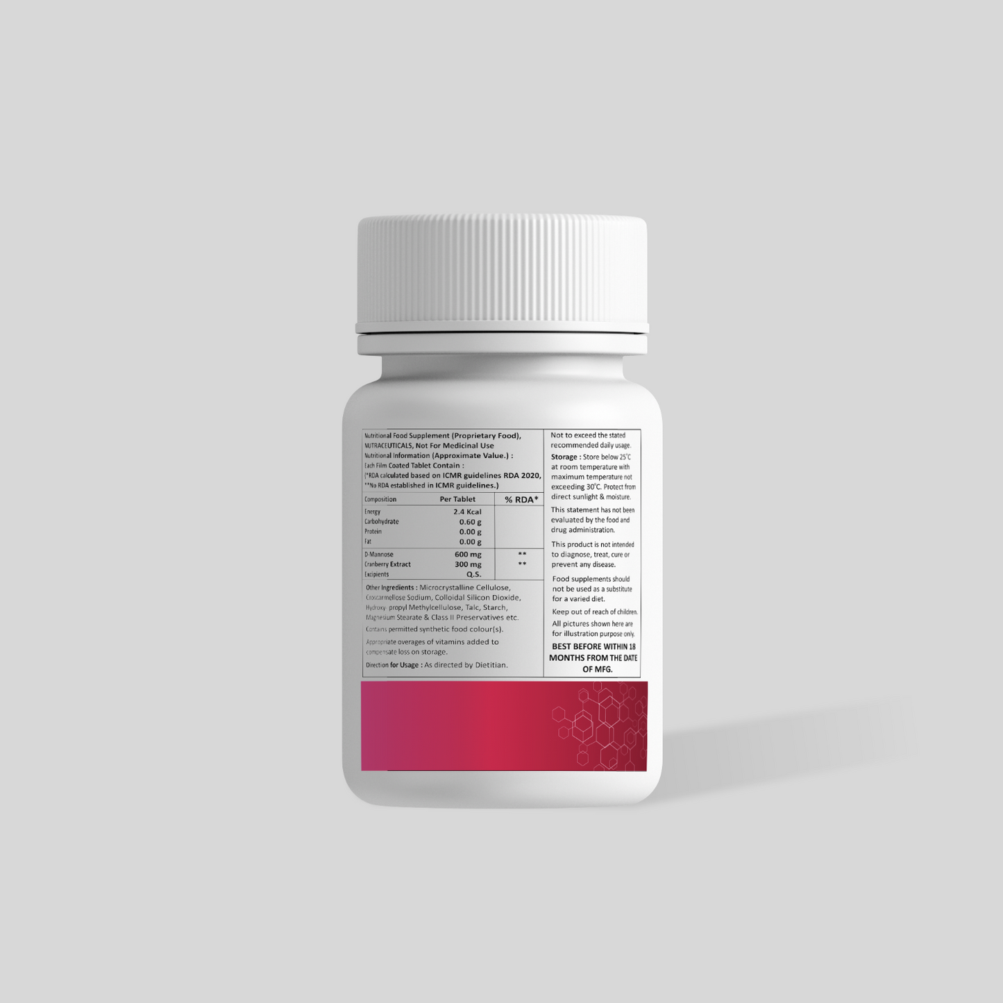 Cranberry extract D Mannose tablets label - SilverBack Nutrition