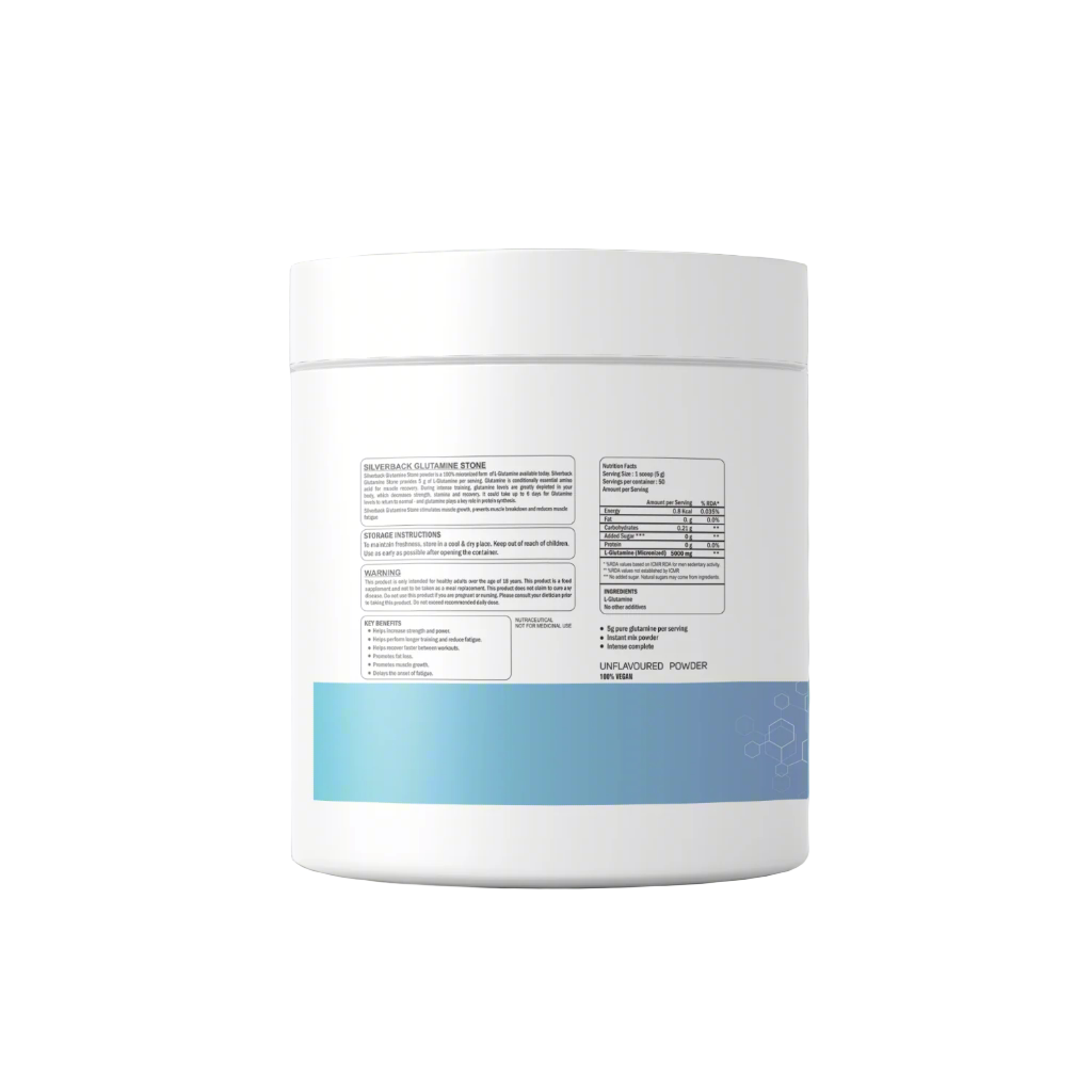 Micronized Stone Glutamine powder back Side - SilverBack Nutrition