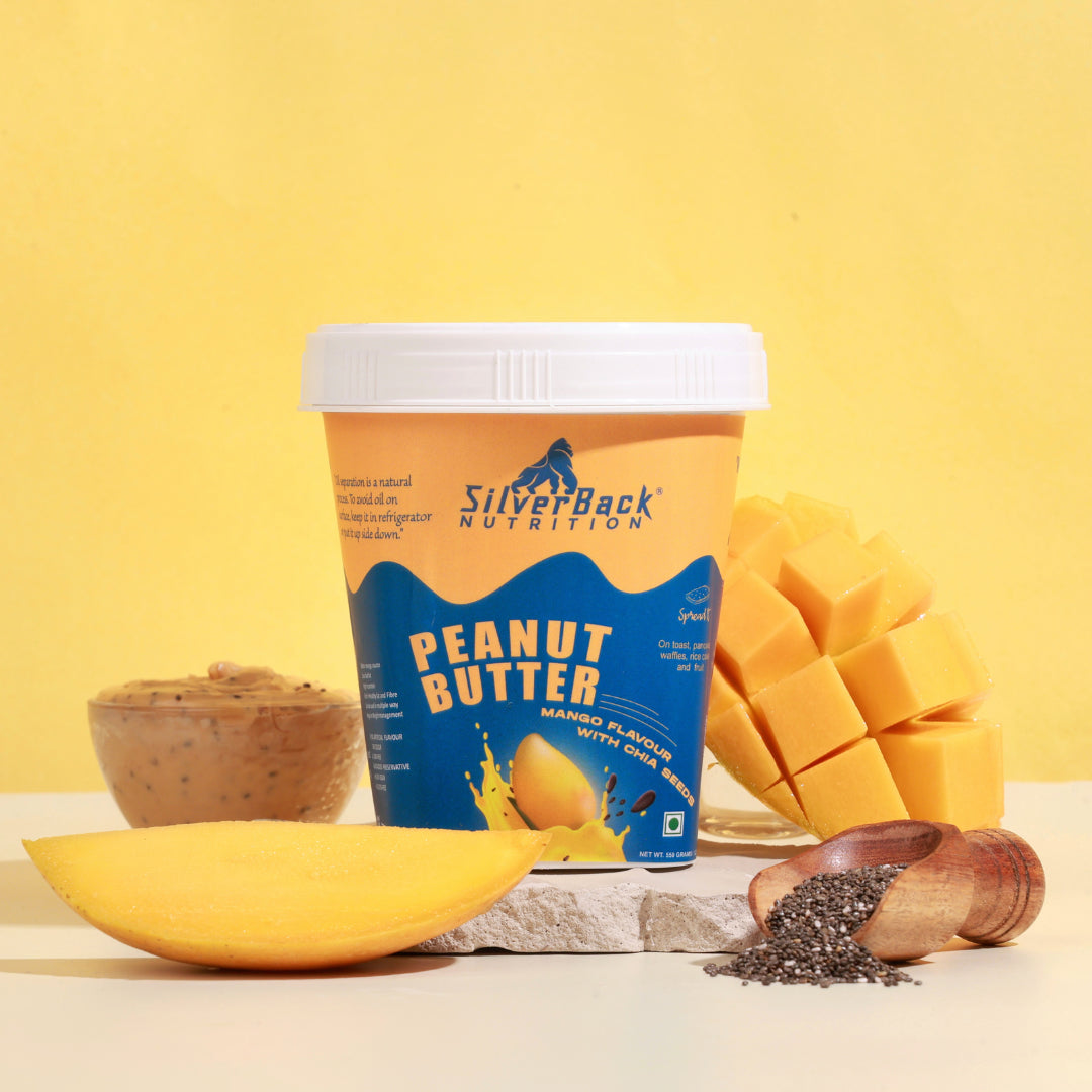 SilverBack Nutrition mango peanut butter, peanut cream in bowl, chia seed spread, mango slices