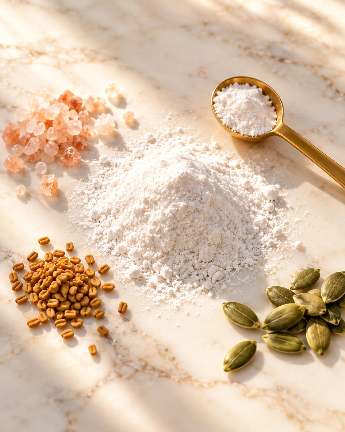Creatine powder with salt crystals, fenugreek seeds and pumpkin seeds