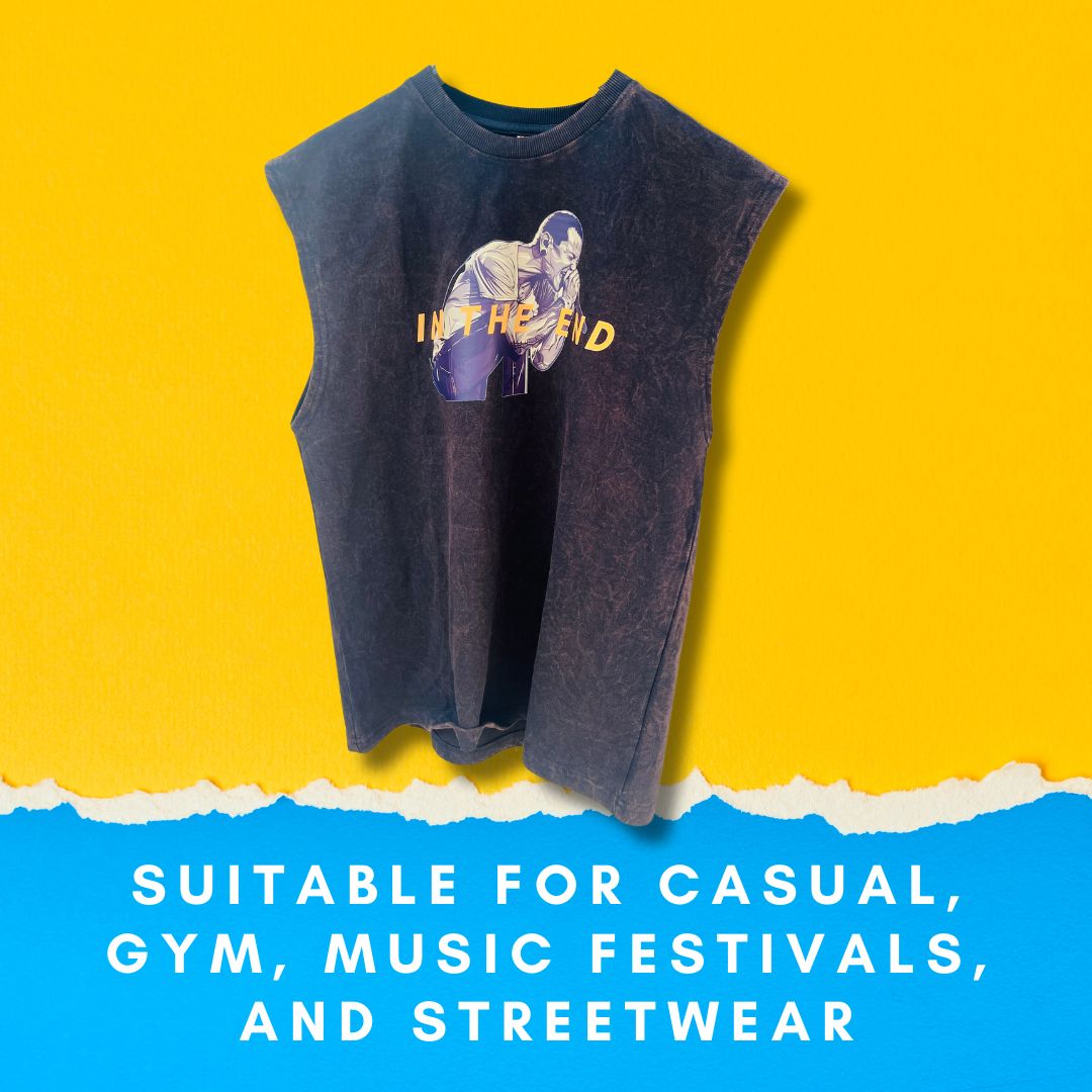 Silverback Oversized Sleeveless Linkin Park Acid-Washed T-Shirt | Dusty Color Cotton Tank for Men | Rock Band Graphic Tee