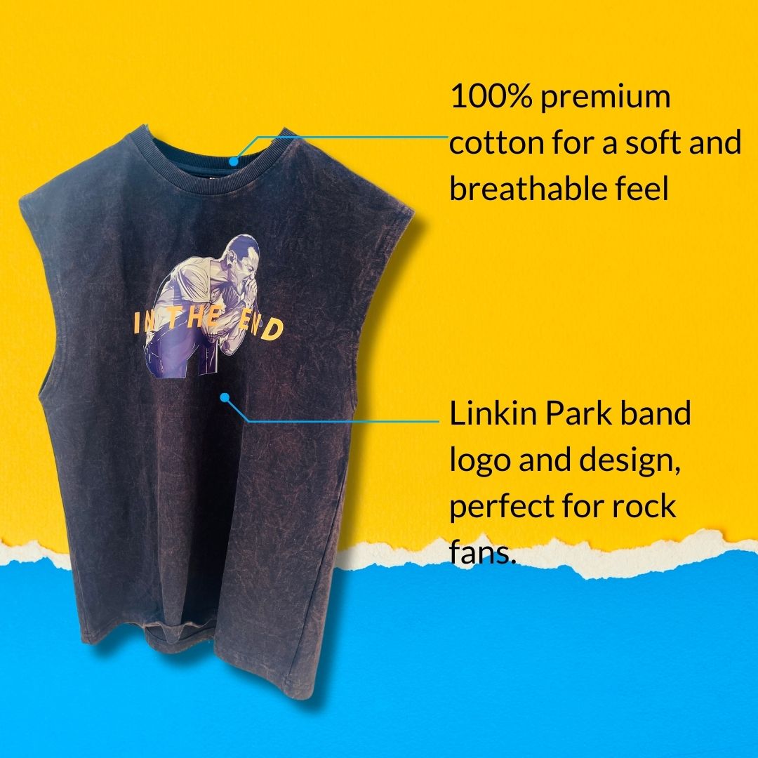 Silverback Oversized Sleeveless Linkin Park Acid-Washed T-Shirt | Dusty Color Cotton Tank for Men | Rock Band Graphic Tee