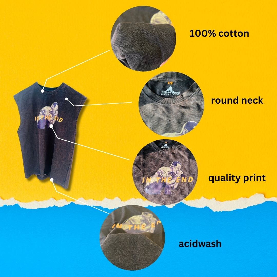 Silverback Oversized Sleeveless Linkin Park Acid-Washed T-Shirt | Dusty Color Cotton Tank for Men | Rock Band Graphic Tee