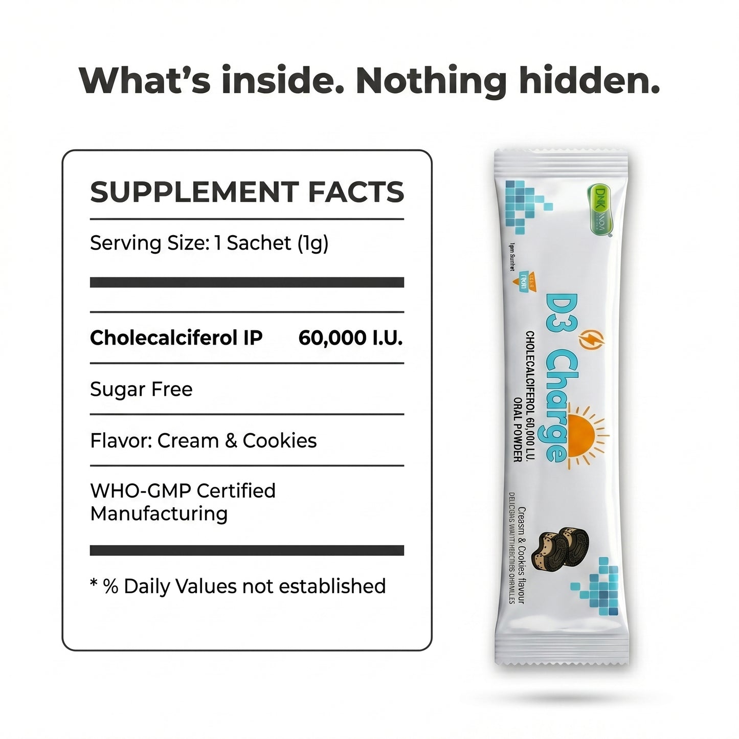 D3 Charge Vitamin D3 60,000 I.U. | Mouth-Melting Oral Powder 12 Sachet | Cream & Cookies | 3 Month Pack