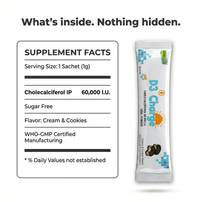D3 Charge Vitamin D3 60,000 I.U. | Mouth-Melting Oral Powder 12 Sachet | Cream & Cookies | 3 Month Pack