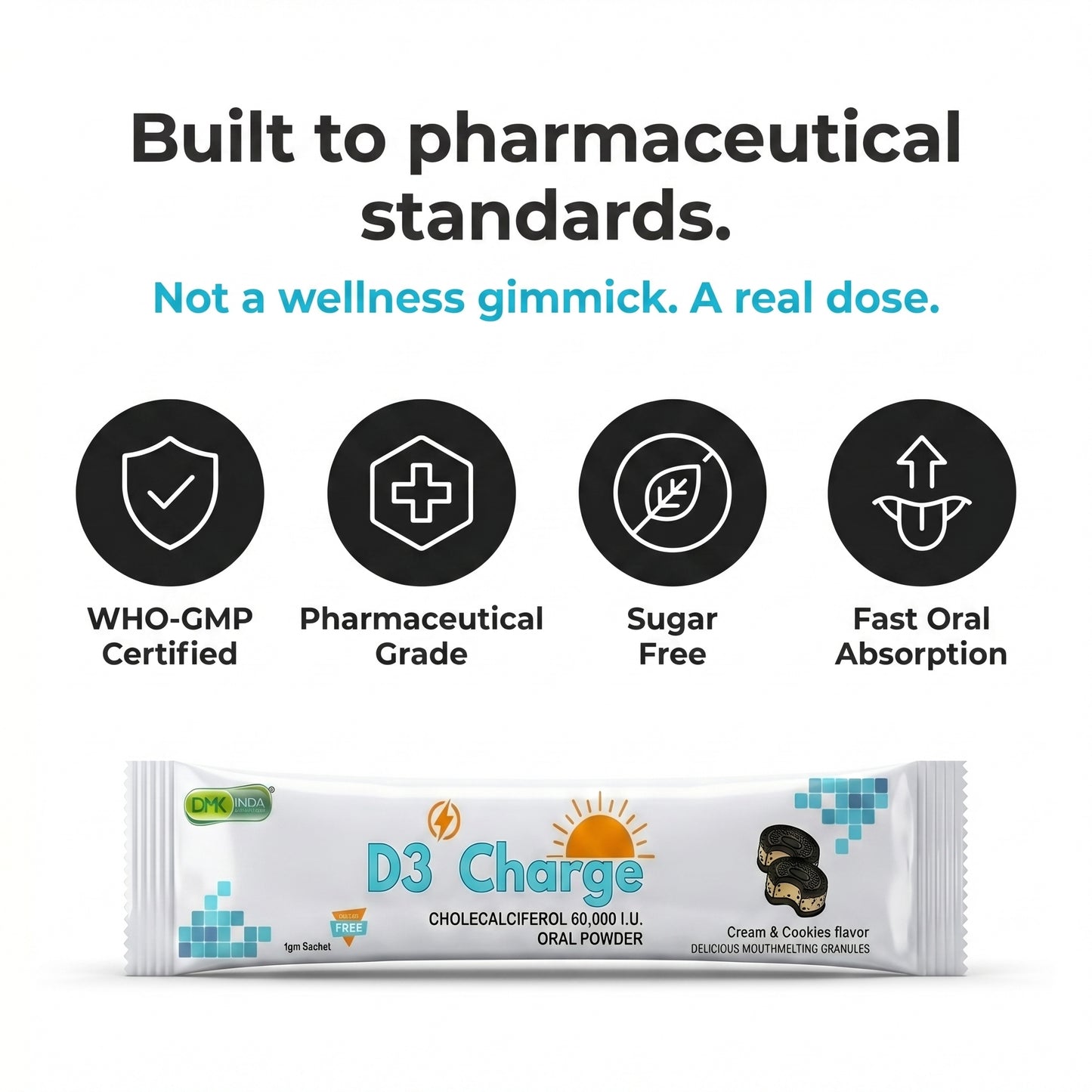 D3 Charge Vitamin D3 60,000 I.U. | Mouth-Melting Oral Powder 12 Sachet | Cream & Cookies | 3 Month Pack