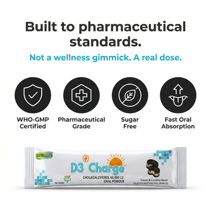 D3 Charge Vitamin D3 60,000 I.U. | Mouth-Melting Oral Powder 12 Sachet | Cream & Cookies | 3 Month Pack