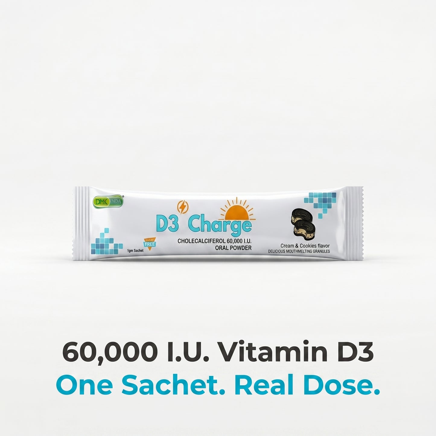 D3 Charge Vitamin D3 60,000 I.U. | Mouth-Melting Oral Powder 12 Sachet | Cream & Cookies | 3 Month Pack