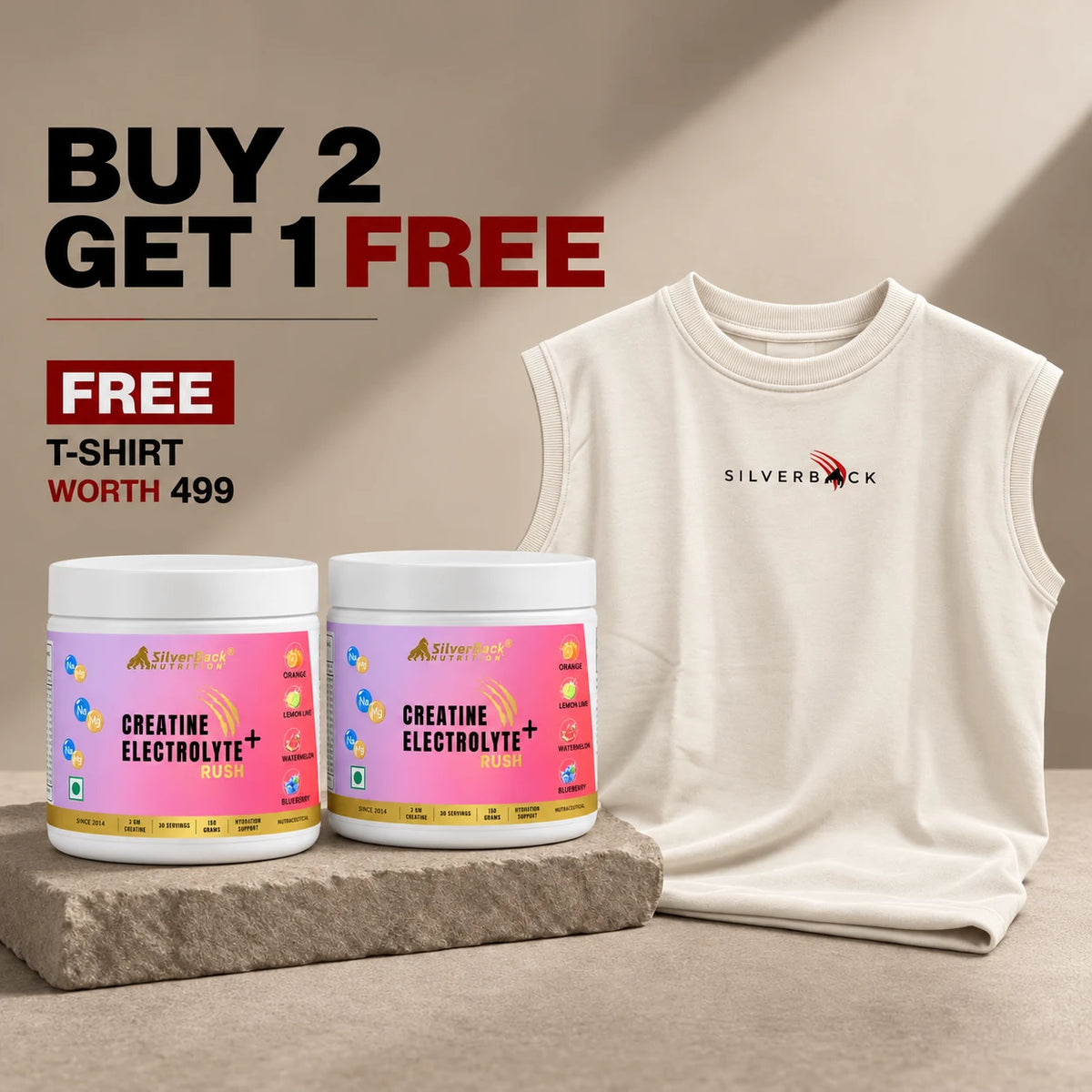 Buy 2 Get 1 Free creatine electrolyte rush with free cream tank top