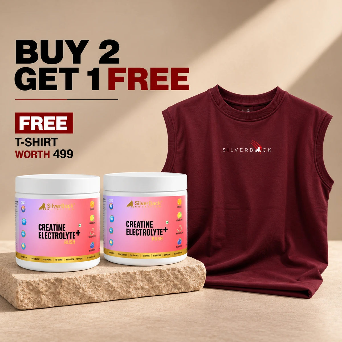 Buy 2 Get 1 Free creatine electrolyte rush with free maroon tank top