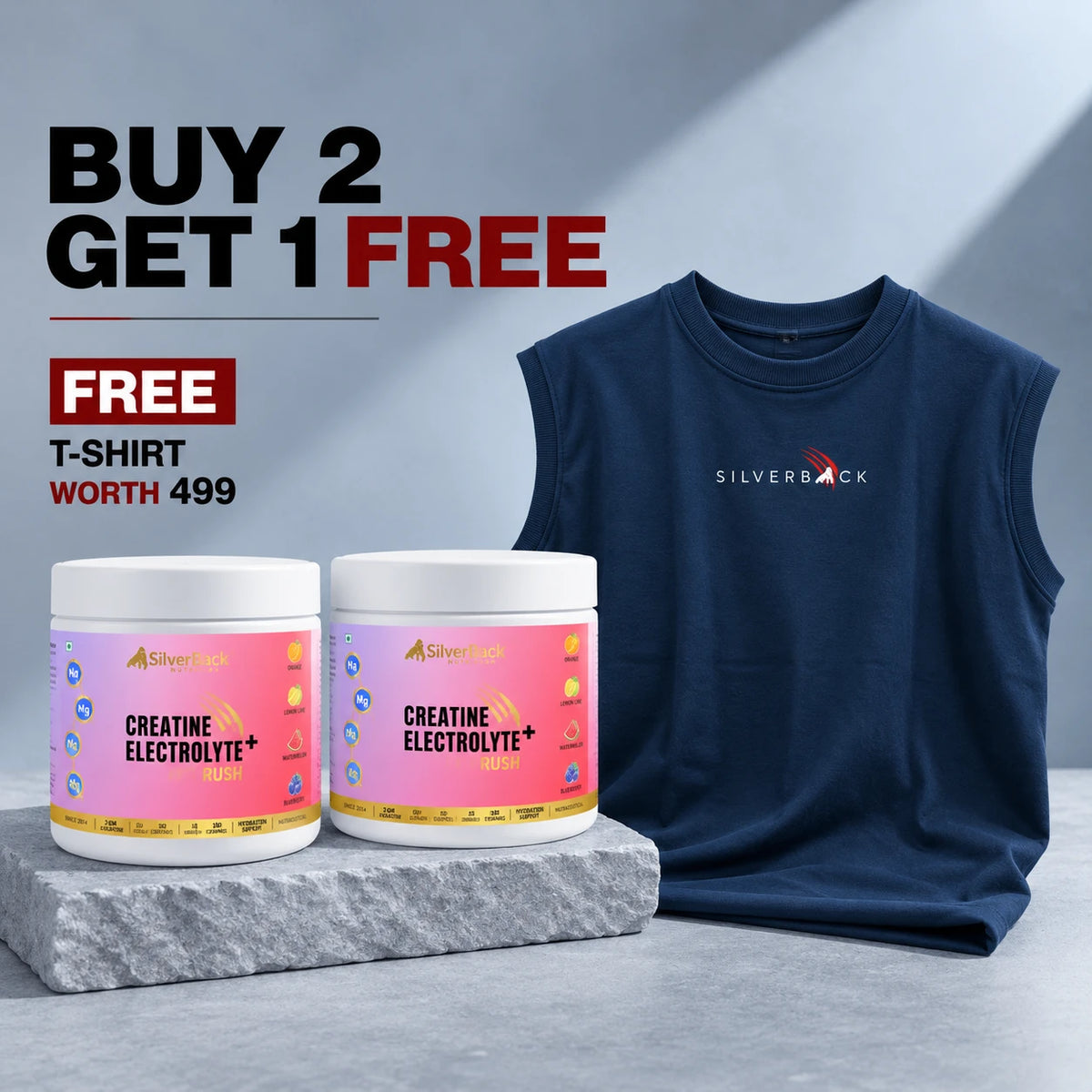 Buy 2 Get 1 Free creatine electrolyte rush with free navy tank top