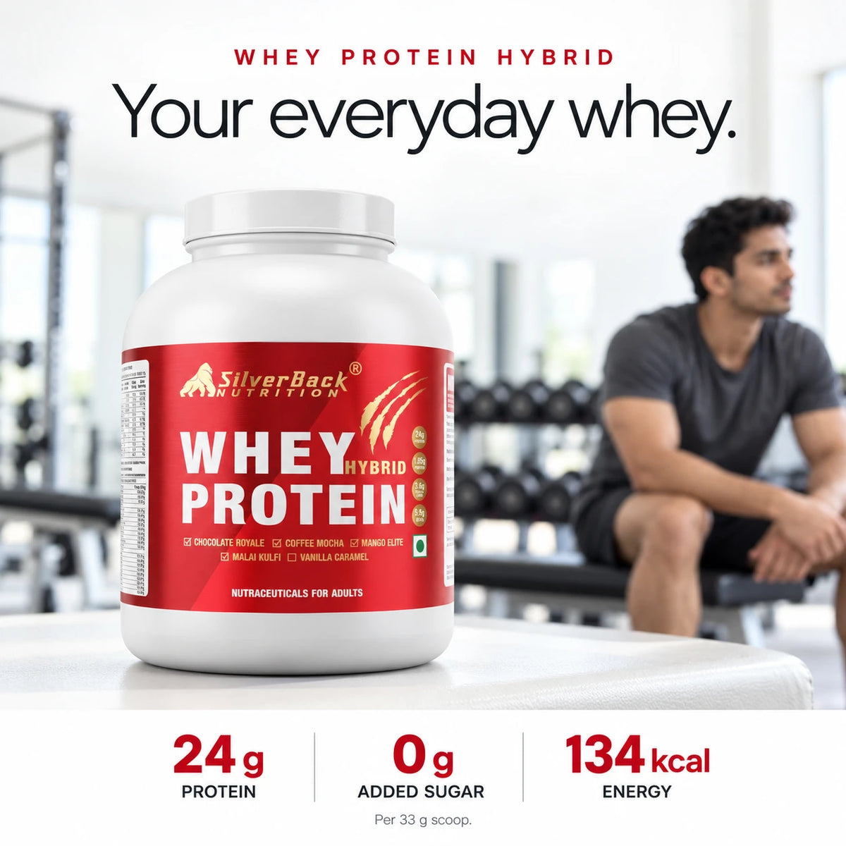 SilverBack Whey Protein Hybrid - your everyday whey, 24 g protein, 0 g added sugar, 134 kcal per scoop