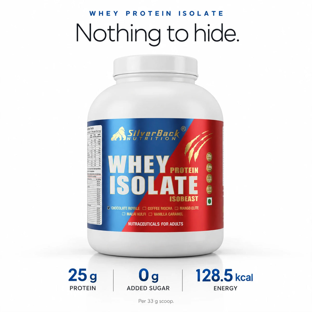 SilverBack Whey Protein Isolate - 25 g protein, 0 g added sugar, 128.5 kcal per scoop