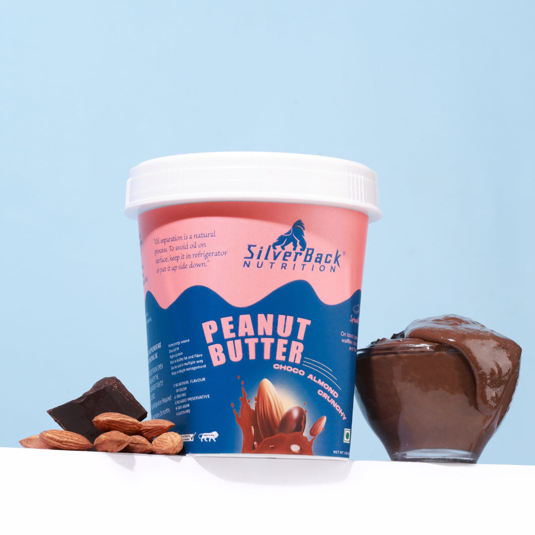 SilverBack Nutrition chocolate peanut butter jar with almonds, chocolate slice, peanut butter in bowl