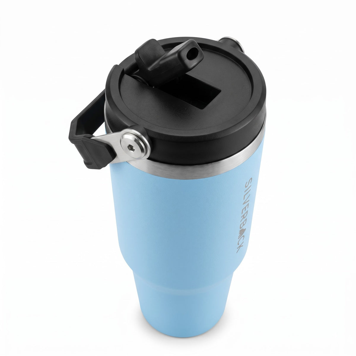 SilverBack 900 ml tumbler in Sky Blue, top view of flip straw lid