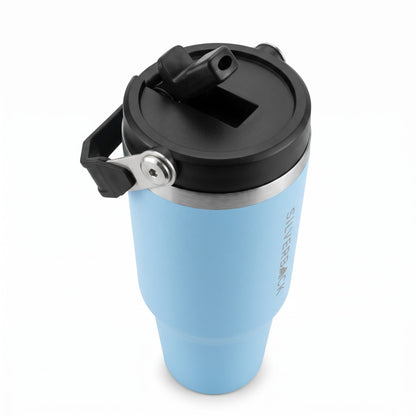 SilverBack 900 ml tumbler in Sky Blue, top view of flip straw lid
