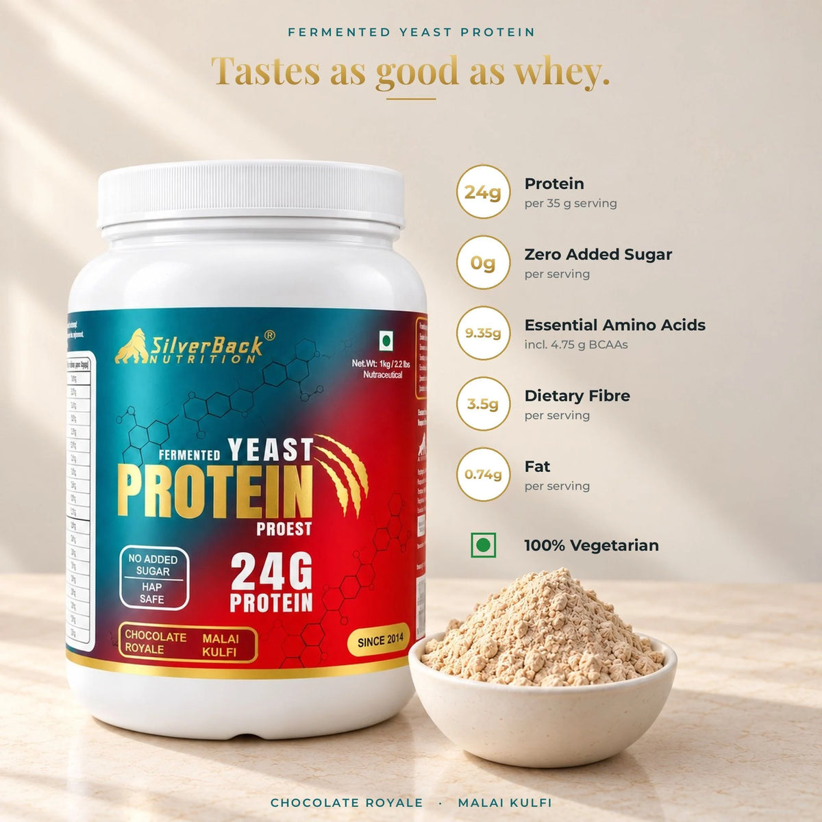 Fermented Yeast Protein: 24 g protein, zero added sugar, 3.5 g fibre, 100% vegetarian
