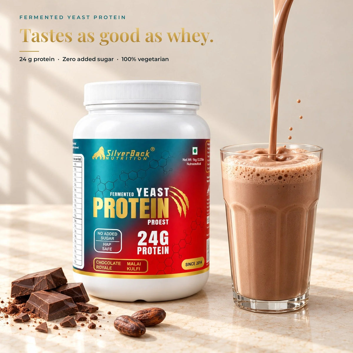 Fermented Yeast Protein jar with a chocolate shake and chocolate pieces