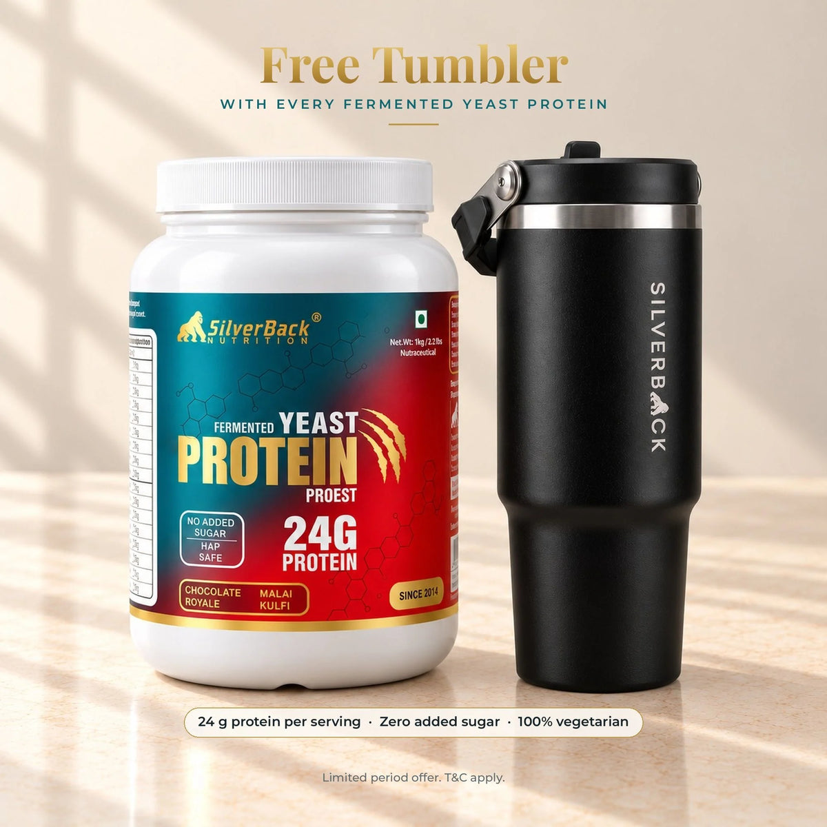 SilverBack Fermented Yeast Protein 1 kg jar with a free tumbler