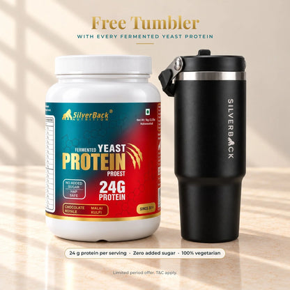 SilverBack Fermented Yeast Protein 1 kg jar with a free tumbler