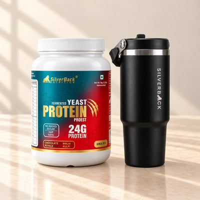 SilverBack Fermented Yeast Protein 1 kg jar next to a black SilverBack tumbler