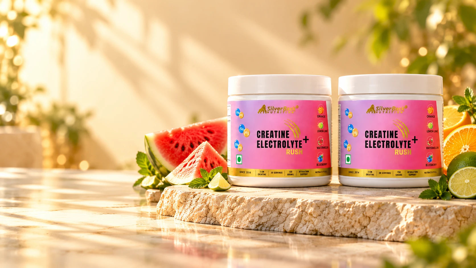 Two SilverBack Creatine + Electrolyte Rush jars on a stone slab with watermelon, orange and limes