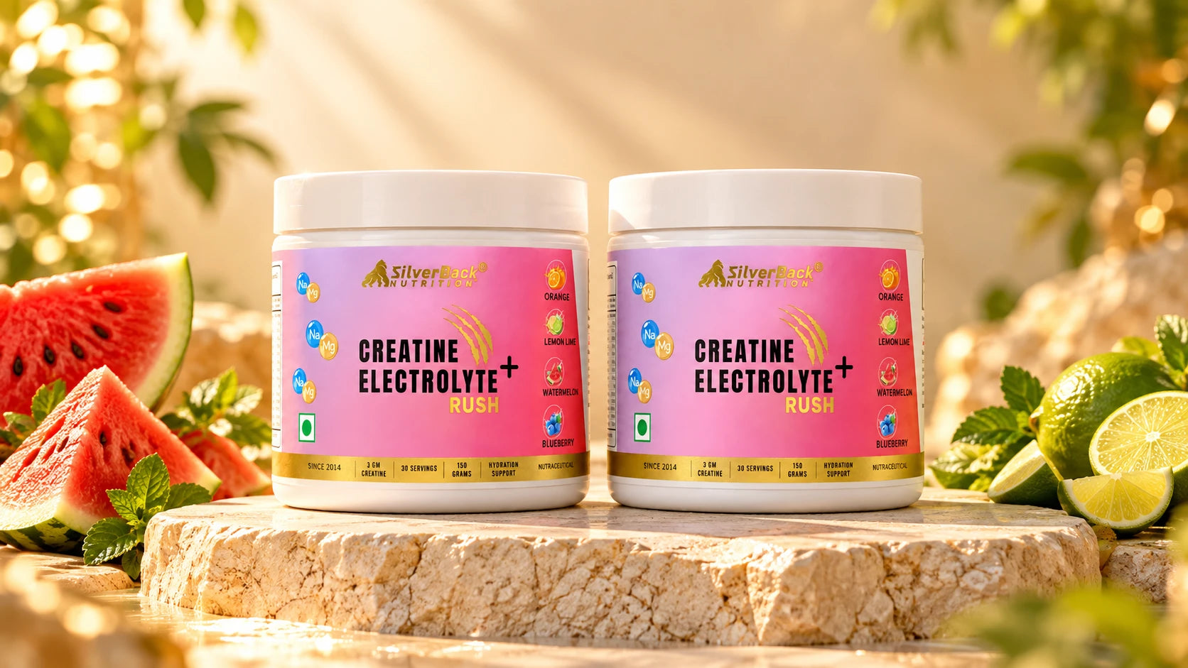 Two SilverBack Creatine + Electrolyte Rush jars on a stone podium with watermelon and limes