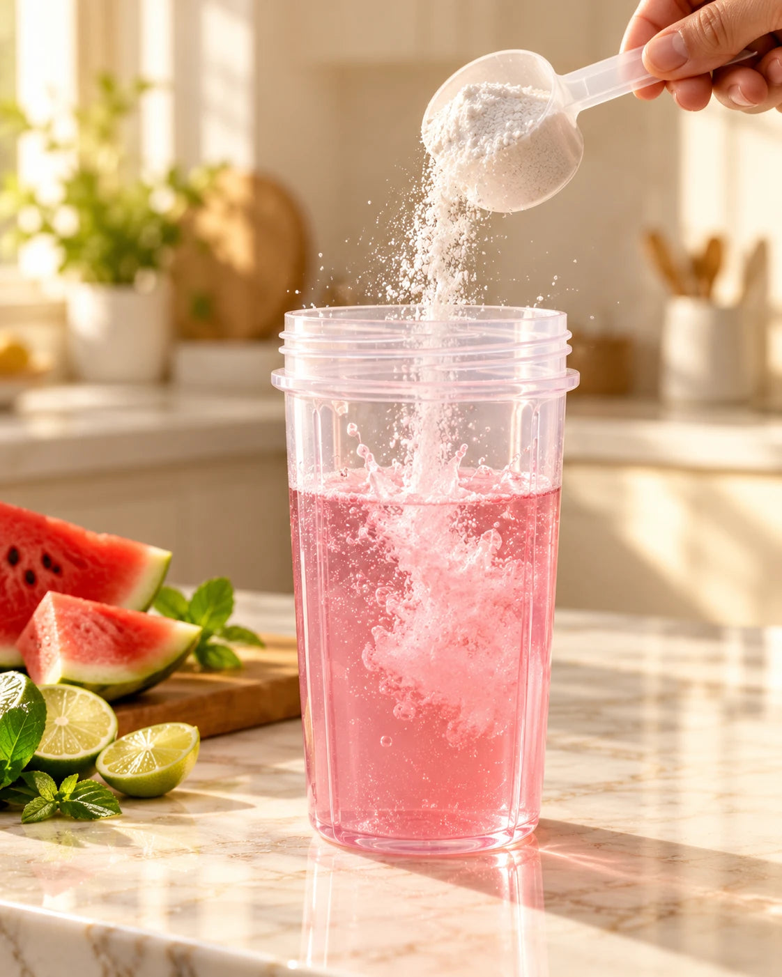 A scoop of creatine electrolyte powder poured into a shaker of cold water