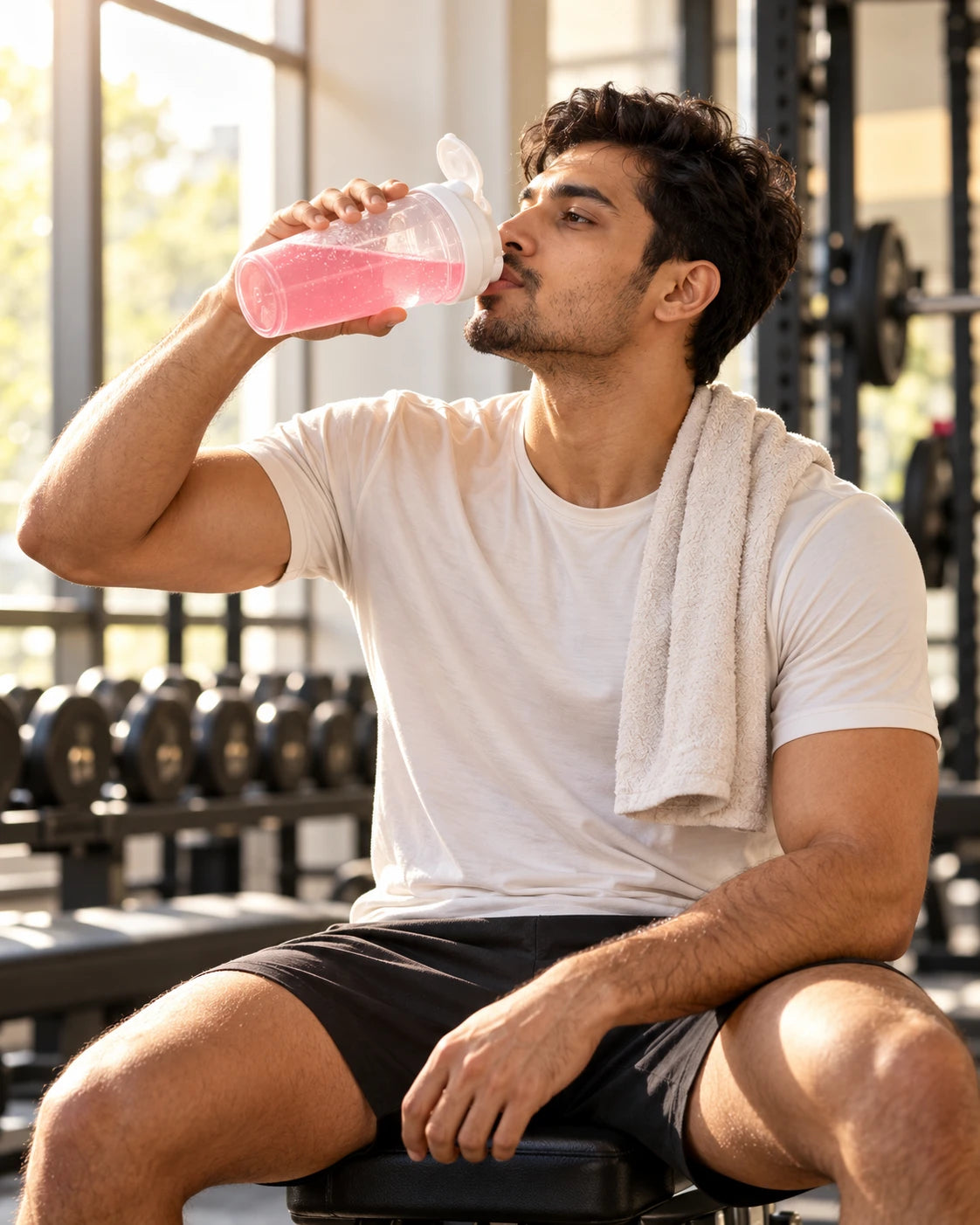 An athlete drinking from a shaker between sets