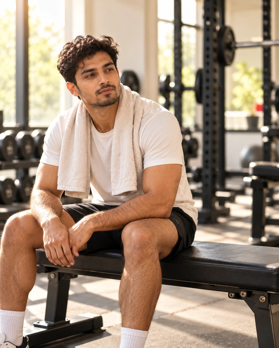 An athlete resting on a gym bench with a towel after training