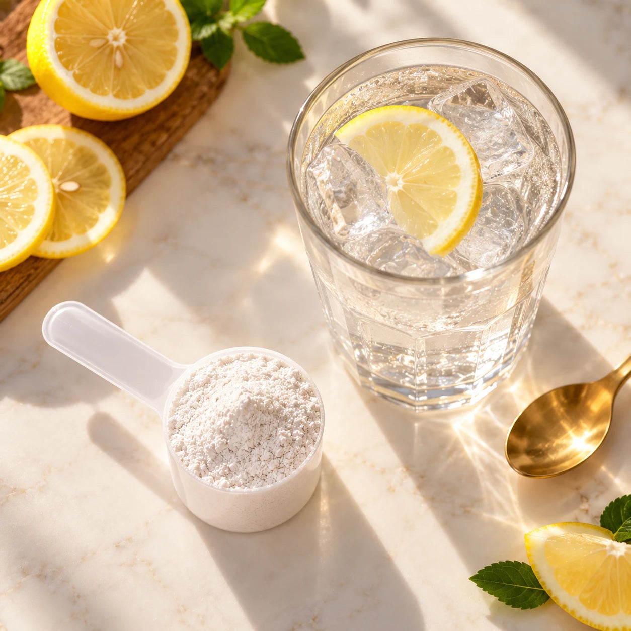 A 5 g scoop of powder beside a glass of ice water with lemon