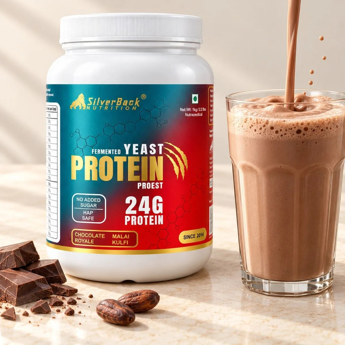 A SilverBack Fermented Yeast Protein jar next to a glass of chocolate protein shake